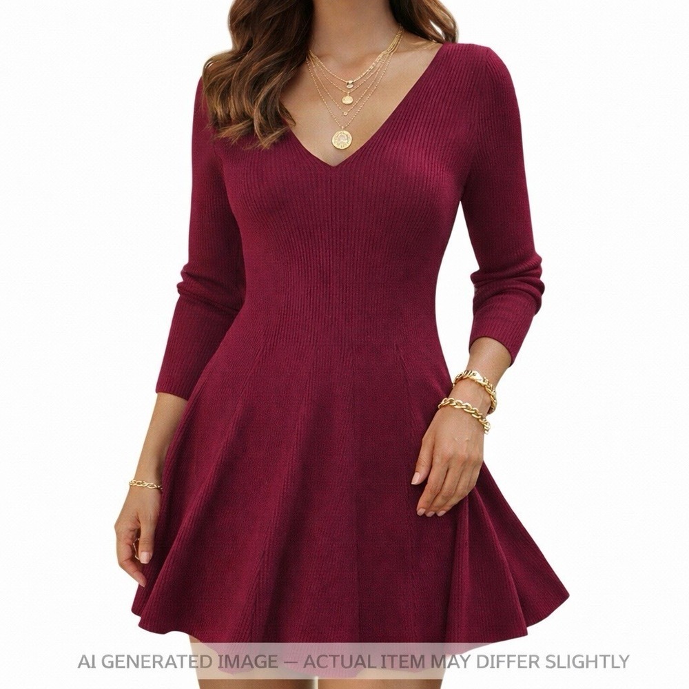 Womens‎ Ribbed Knit Dress Burgundy Small Long Sleeve Skater Stretch Casual Soft